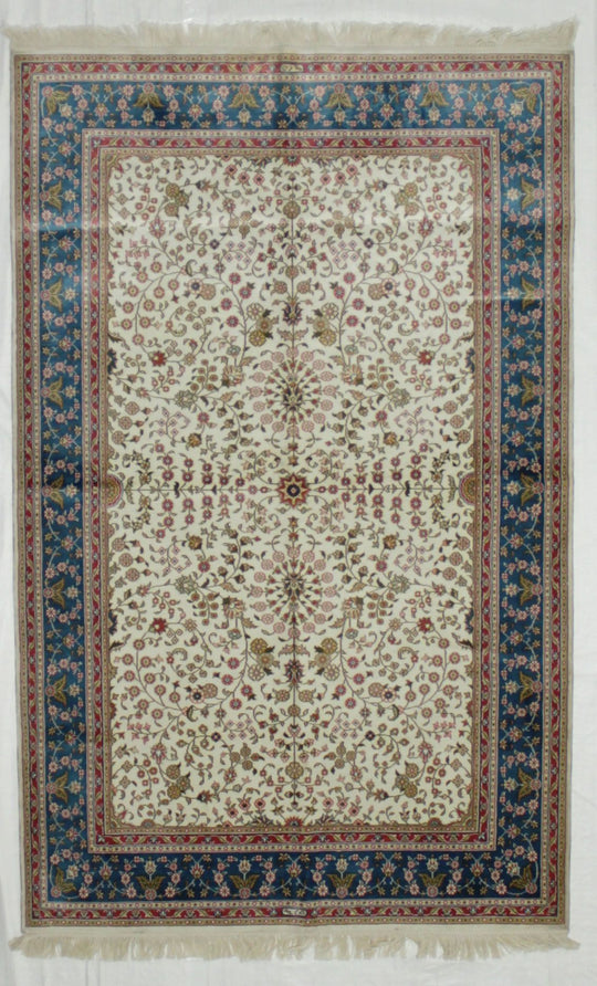 4x6 Ivory And Blue Turkish Silk Rug