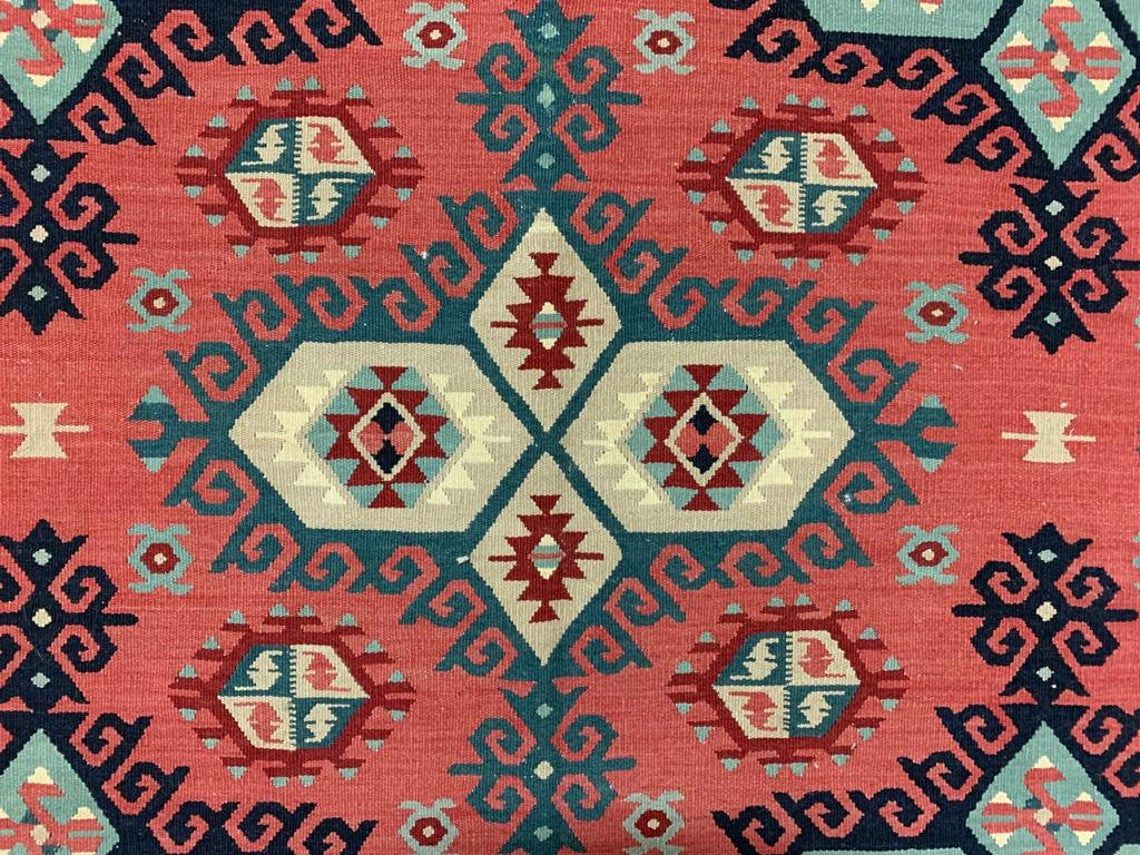 7x9 Rust and Blue Turkish Tribal Rug