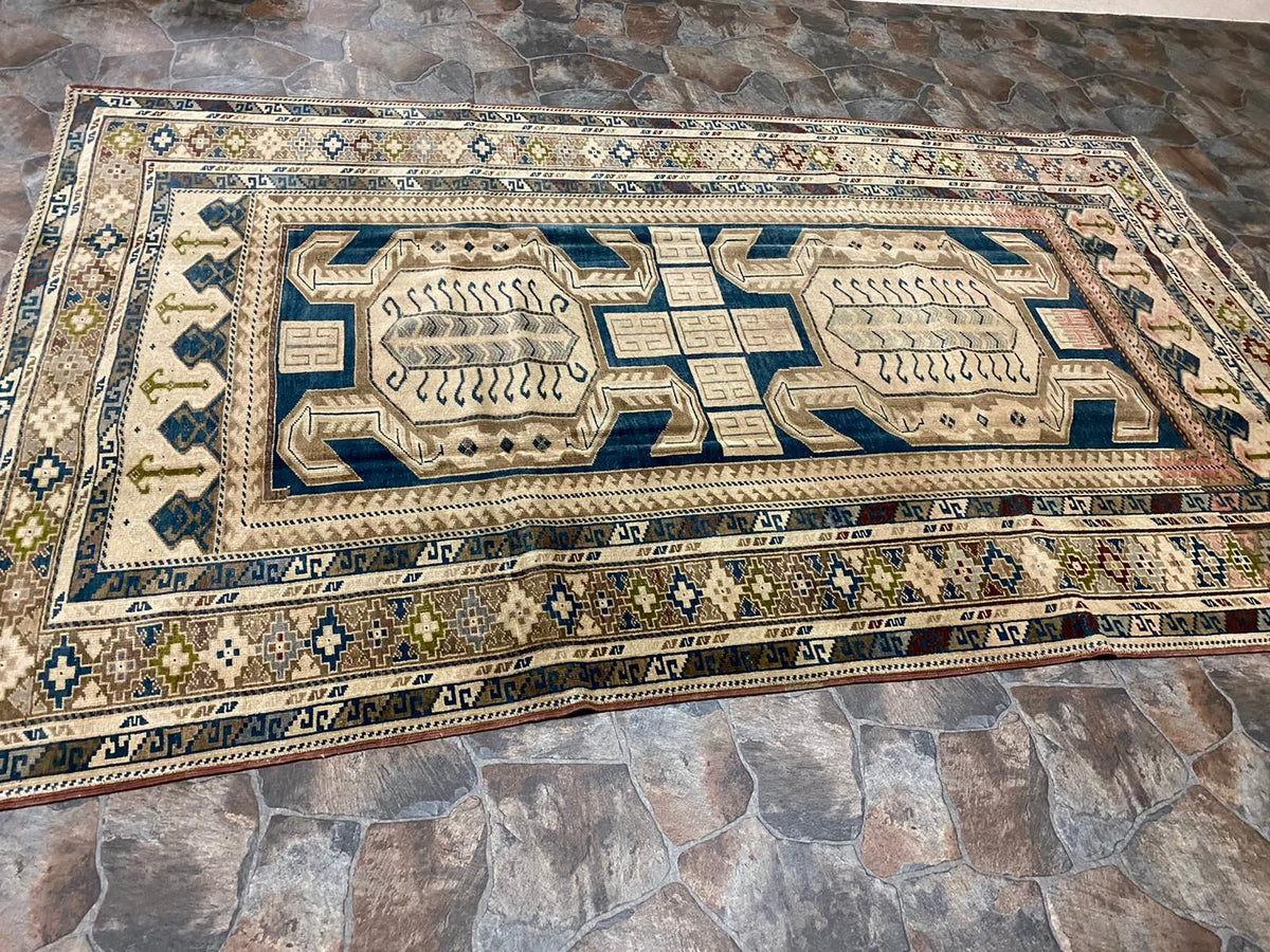 6x10 Beige and Navy Turkish Tribal Rug