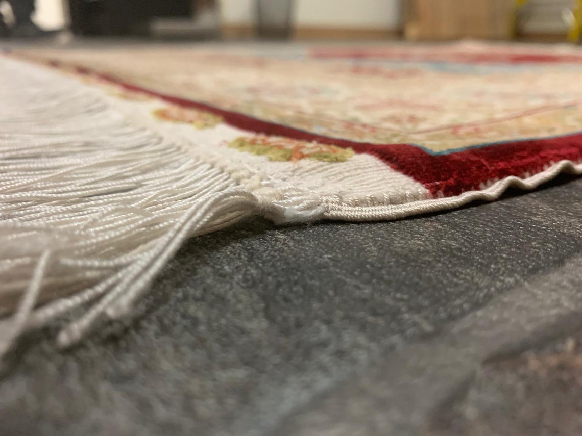 Vintage Handmade 3x4 Red and Ivory Anatolian Turkish Silk Hereke Distressed Area Rug