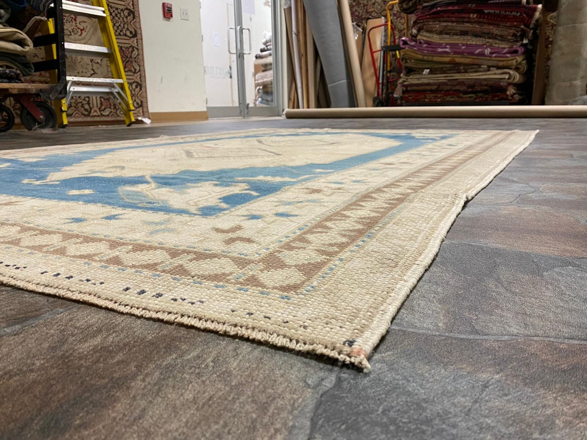 Vintage Handmade 5x8 Blue and Beige Anatolian Turkish Tribal Distressed Area Rug