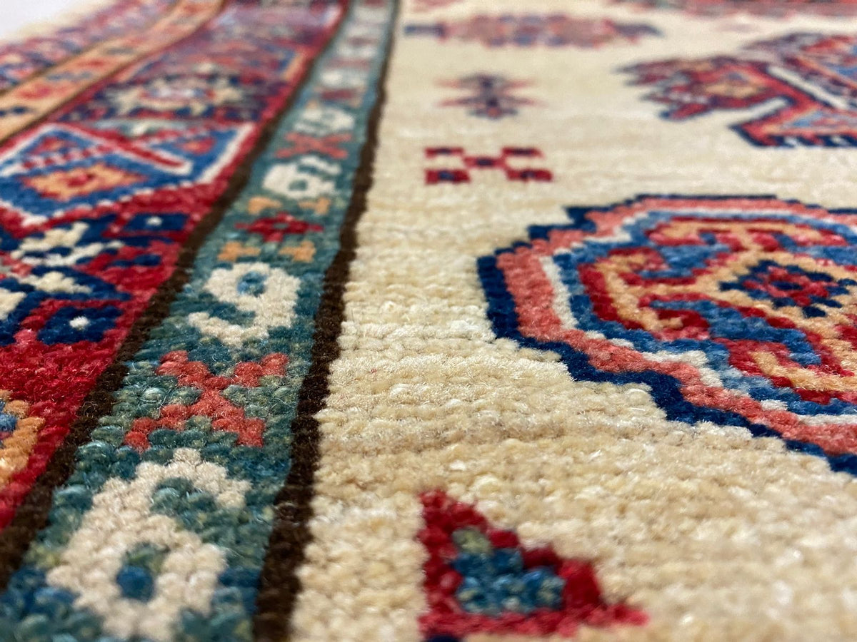 3x8 Ivory and Red Kazak Tribal Runner
