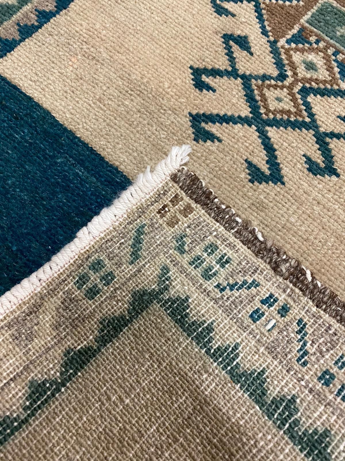 2x3 Ivory and Blue Turkish Tribal Rug