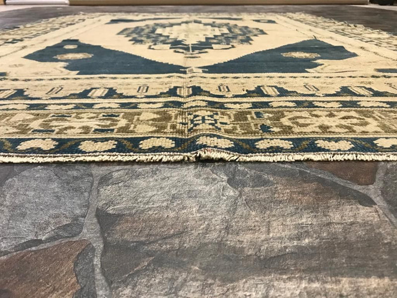 6x8 Blue and Beige Turkish Tribal Rug