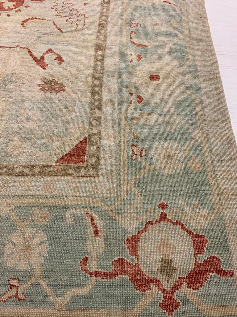 9x13 Red and Light Blue Turkish Oushak Rug