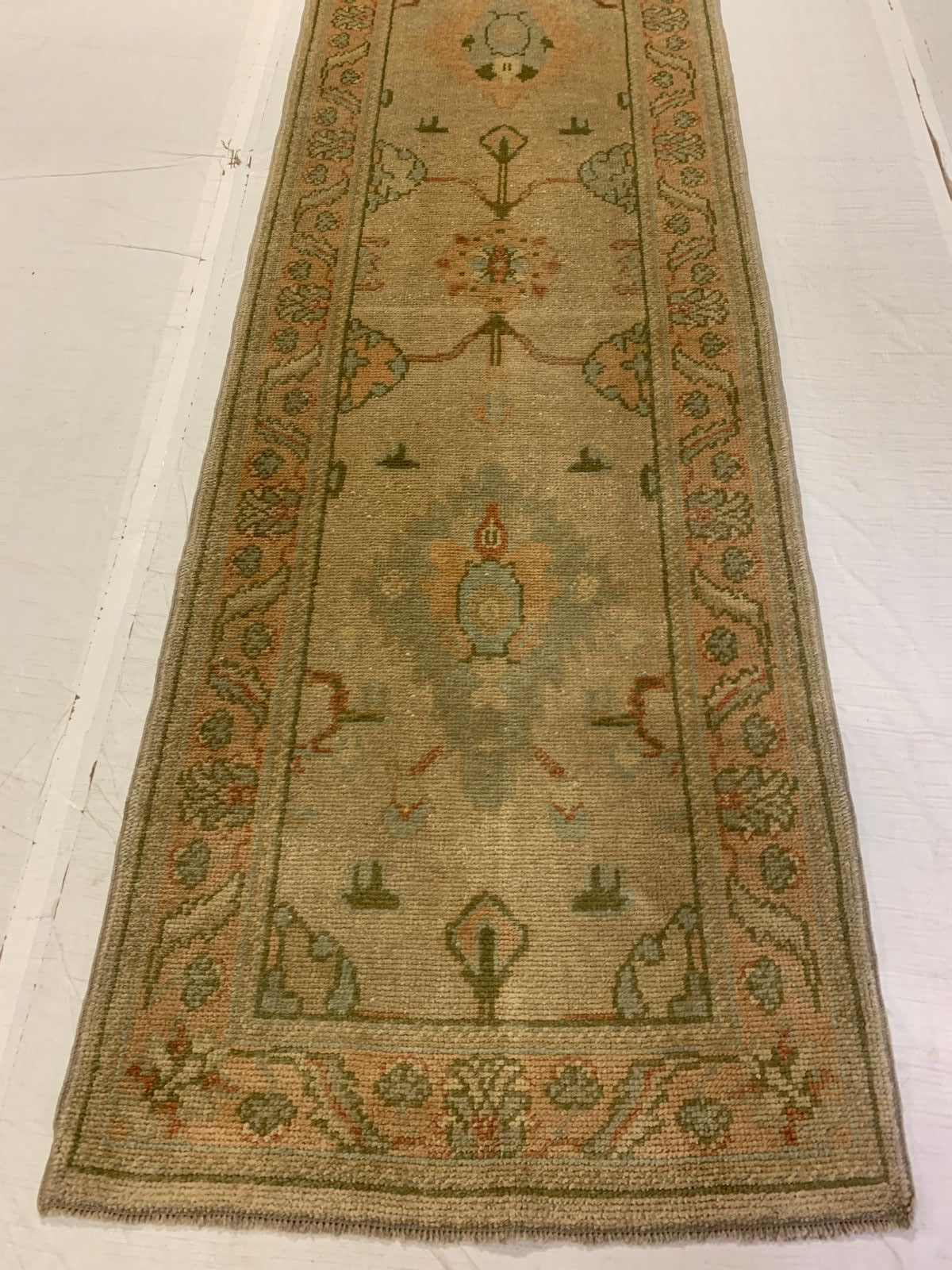 3x12 Beige and Green Turkish Oushak Runner