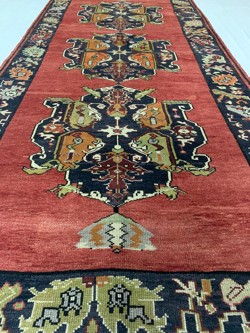 Vintage Handmade 5x11 Red and Navy Anatolian Turkish Tribal Distressed Area Runner