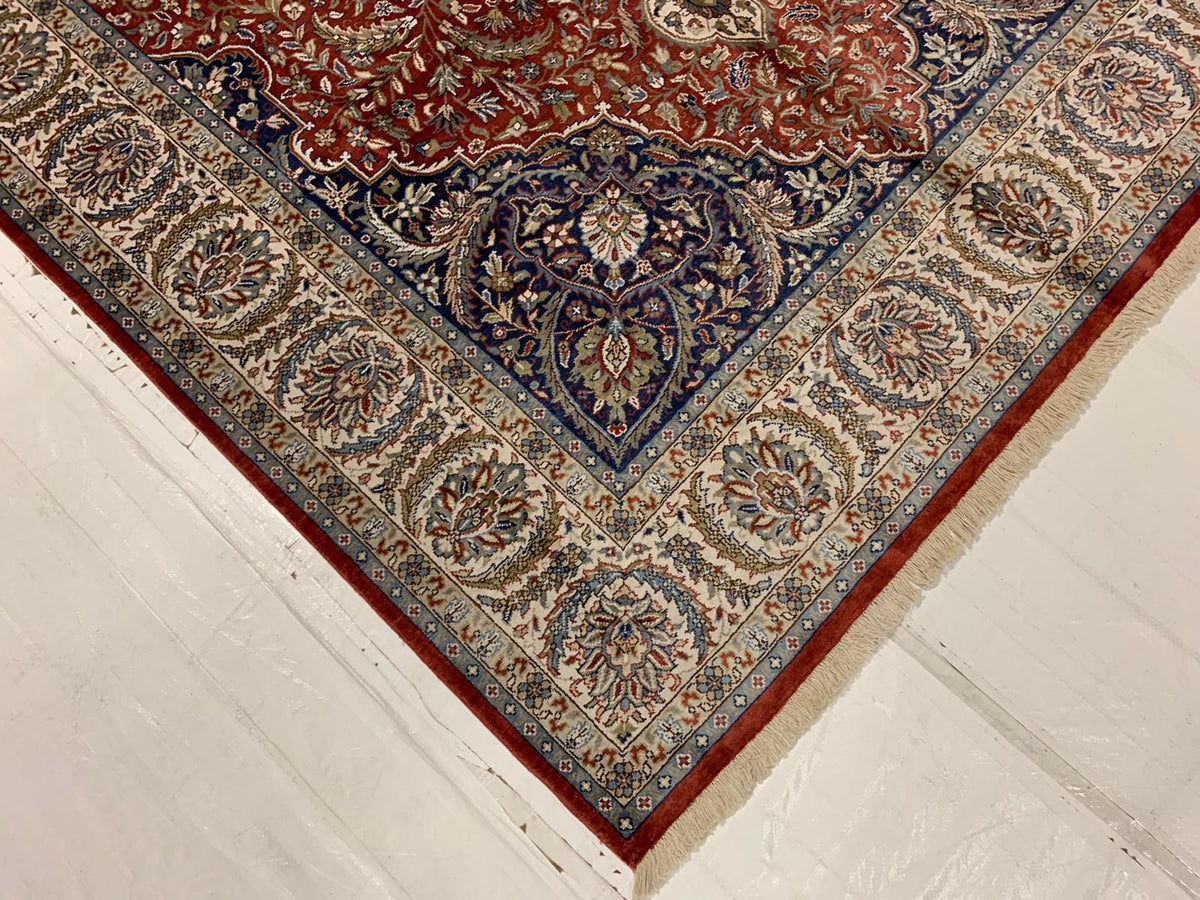 Vintage Handmade 7x10 Red and Ivory Anatolian Turkish Silk Hereke Distressed Area Rug