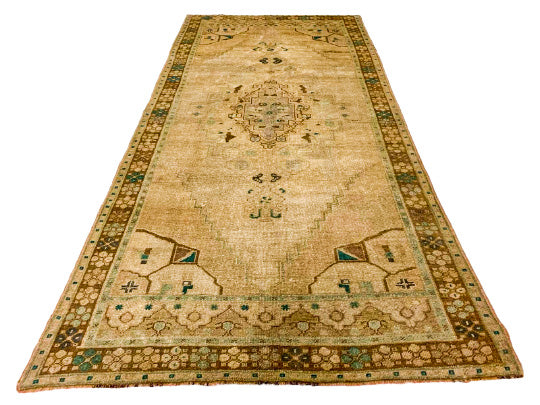 5x9 Ivory and Brown Turkish Tribal Rug