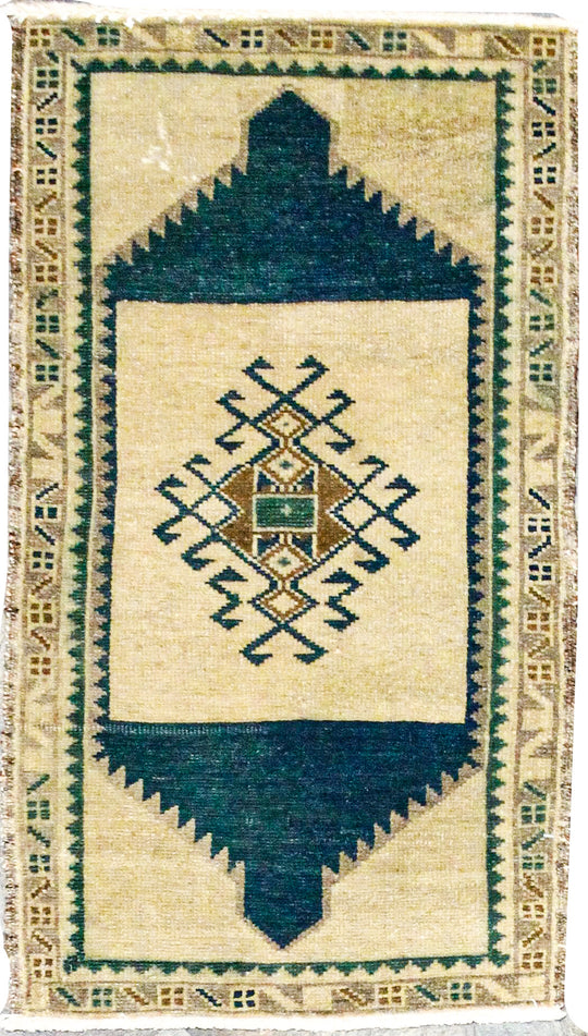 2x3 Ivory and Blue Turkish Tribal Rug