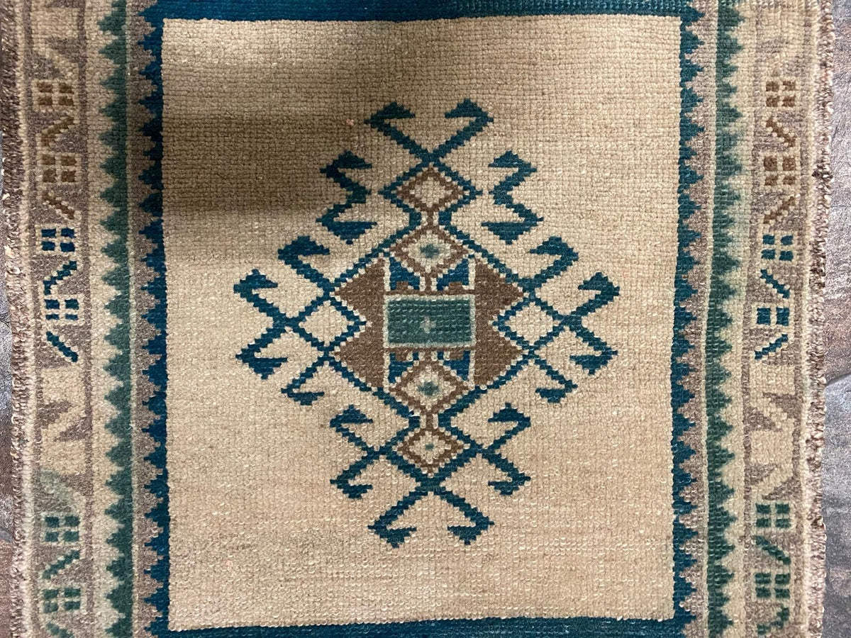 2x3 Ivory and Blue Turkish Tribal Rug