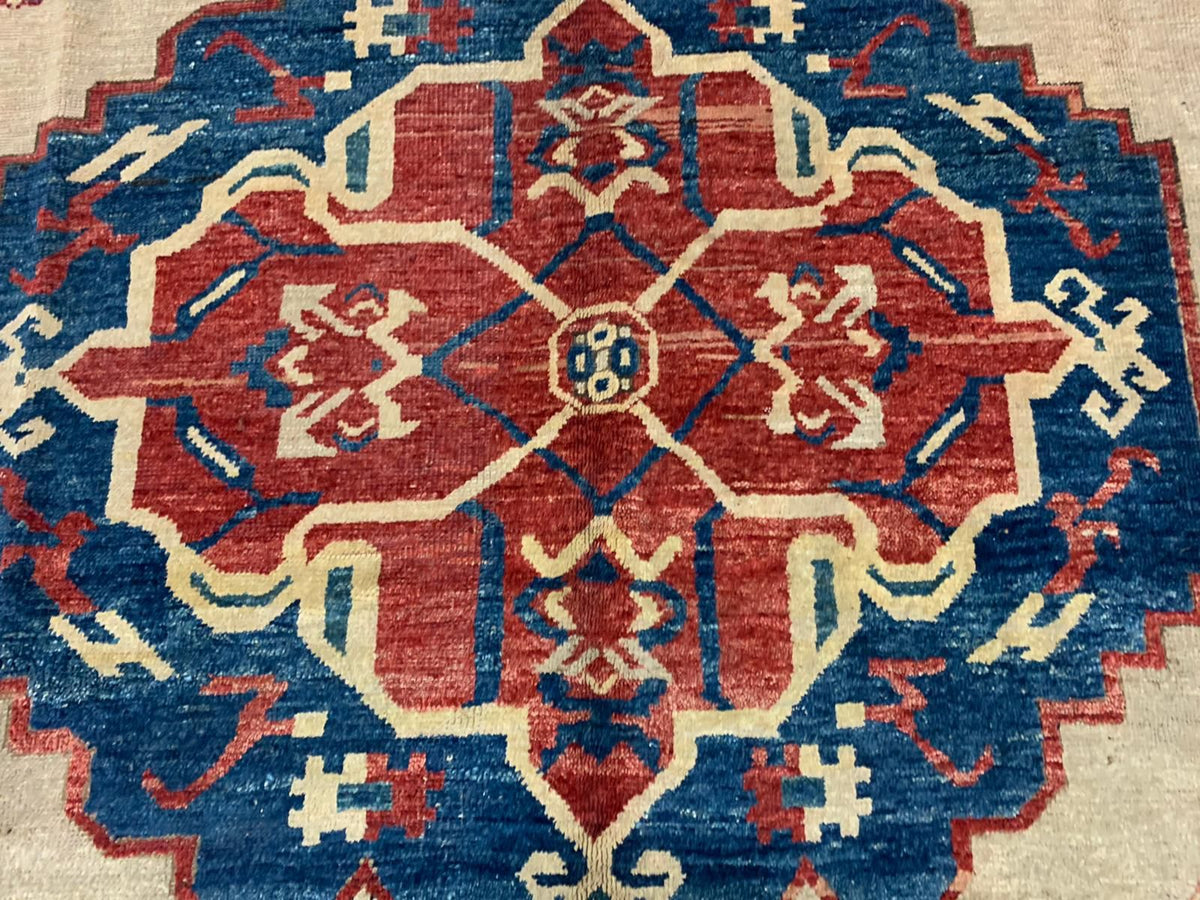 6x8 Ivory and Navy Kazak Tribal Rug