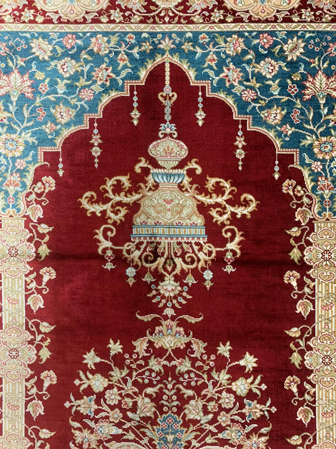 Vintage Handmade 3x4 Red and Ivory Anatolian Turkish Silk Hereke Distressed Area Rug