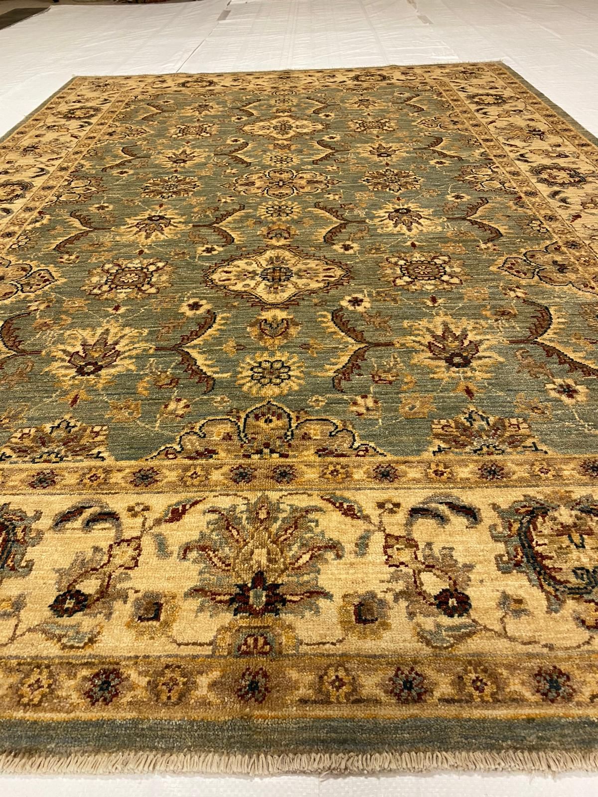 6x8 Blue and Ivory Turkish Oushak Rug