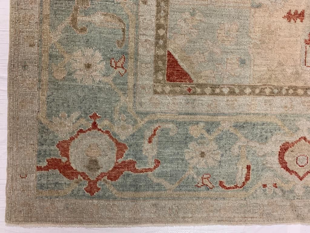9x13 Red and Light Blue Turkish Oushak Rug