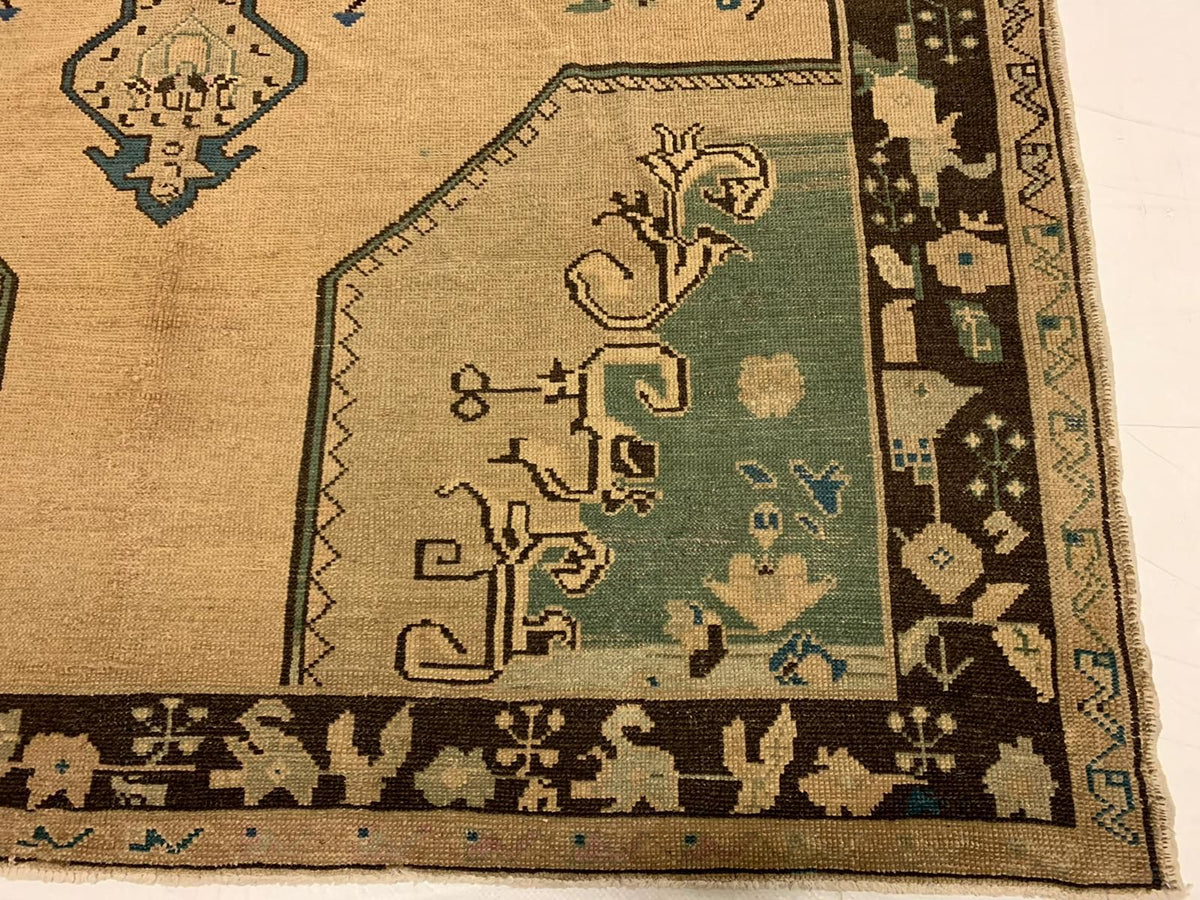 6x10 Ivory and Blue Turkish Tribal Rug