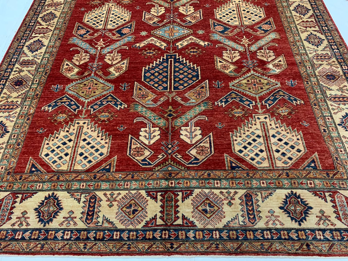 8x10 Red and Ivory Kazak Tribal Rug
