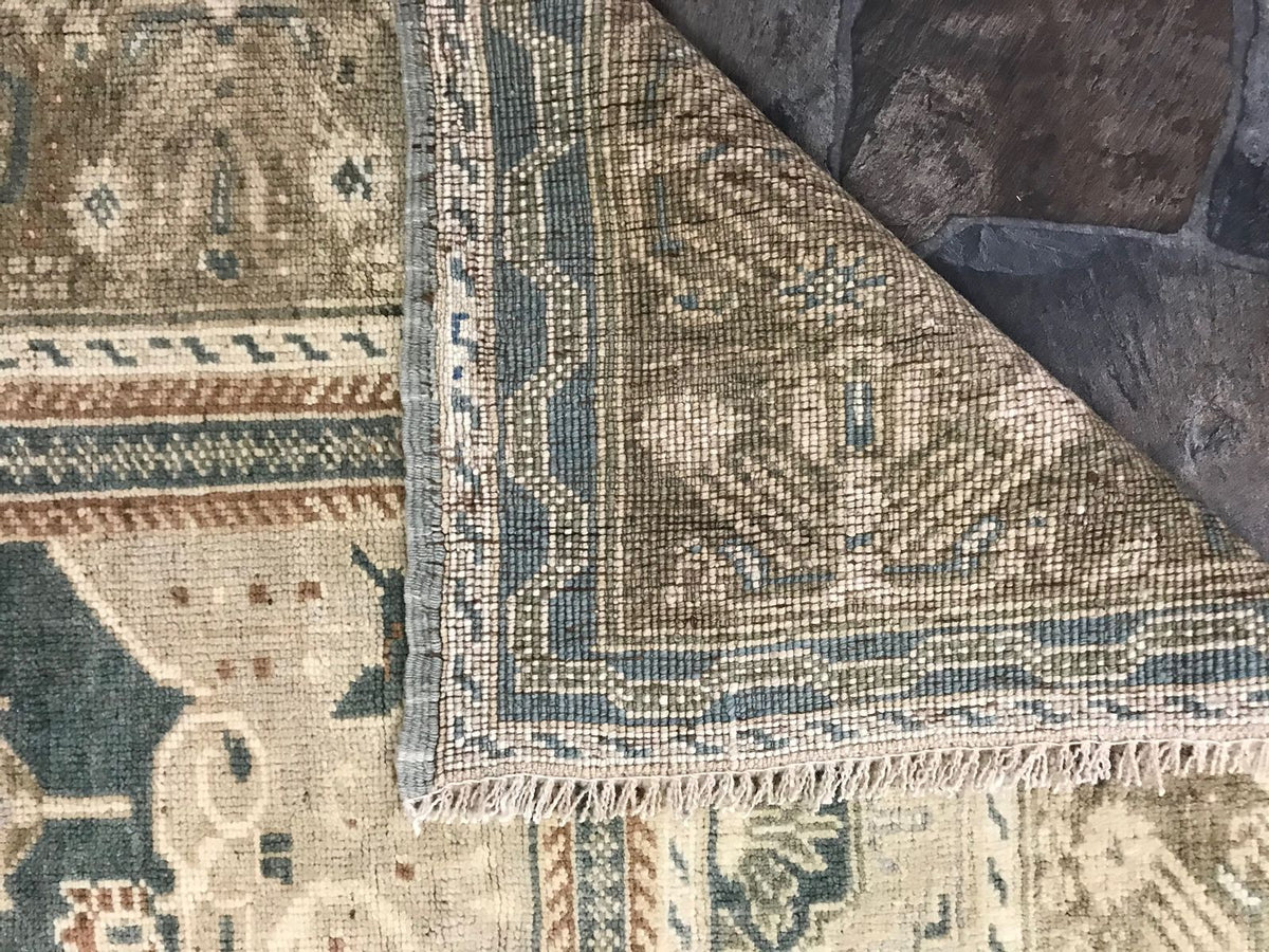 6x11 Green and Beige Turkish Tribal Rug