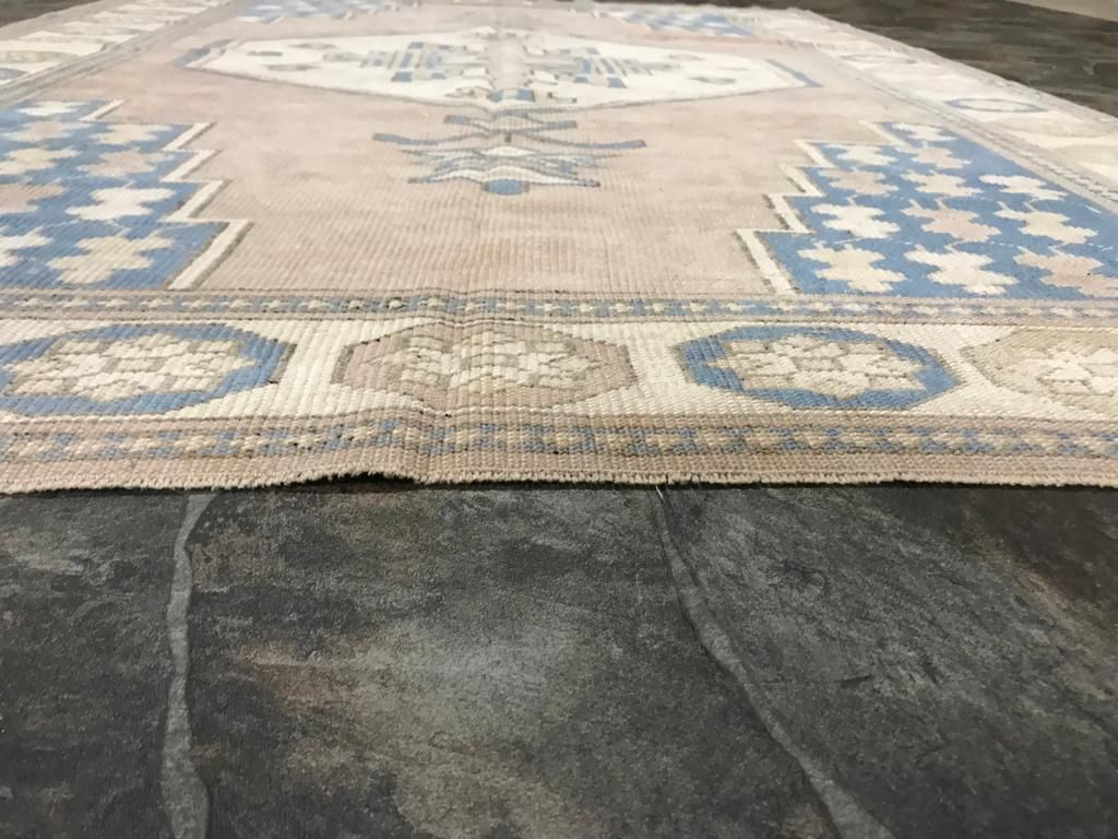 6x8 Beige and Blue Turkish Tribal Rug