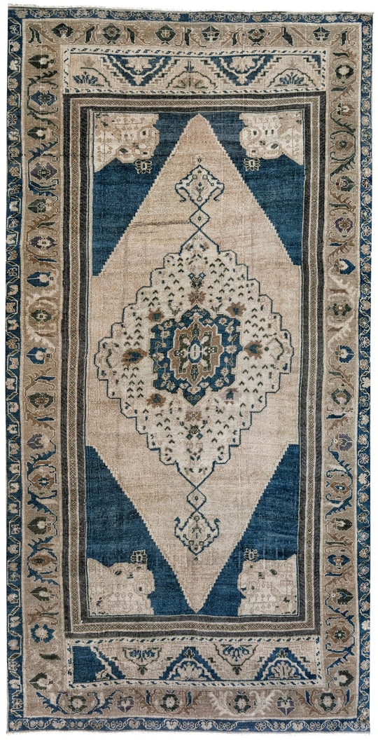 5x10 Blue and Beige Turkish Tribal Runner