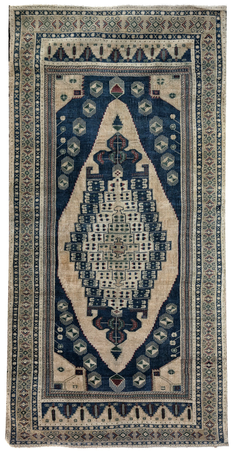 6x10 Blue and Ivory Turkish Tribal Rug