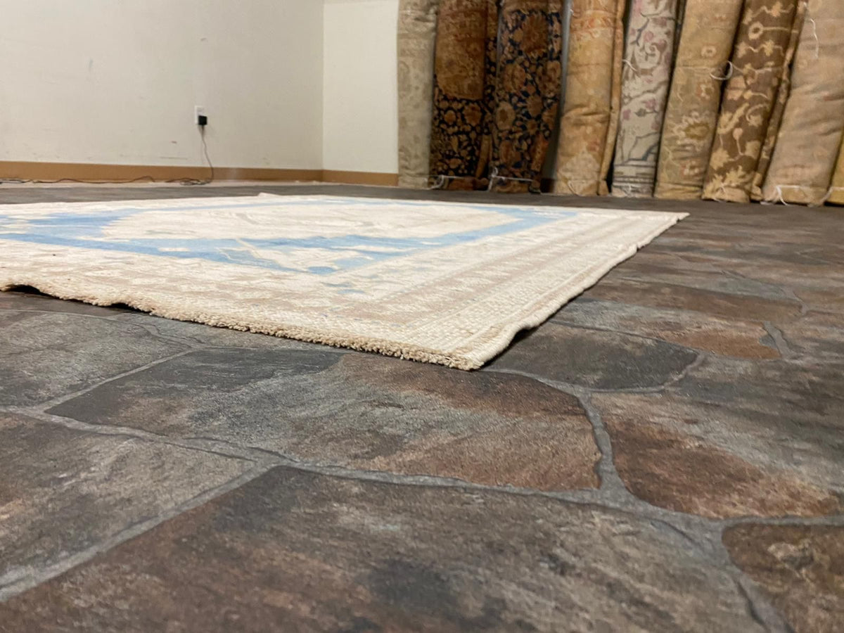 Vintage Handmade 5x8 Blue and Beige Anatolian Turkish Tribal Distressed Area Rug