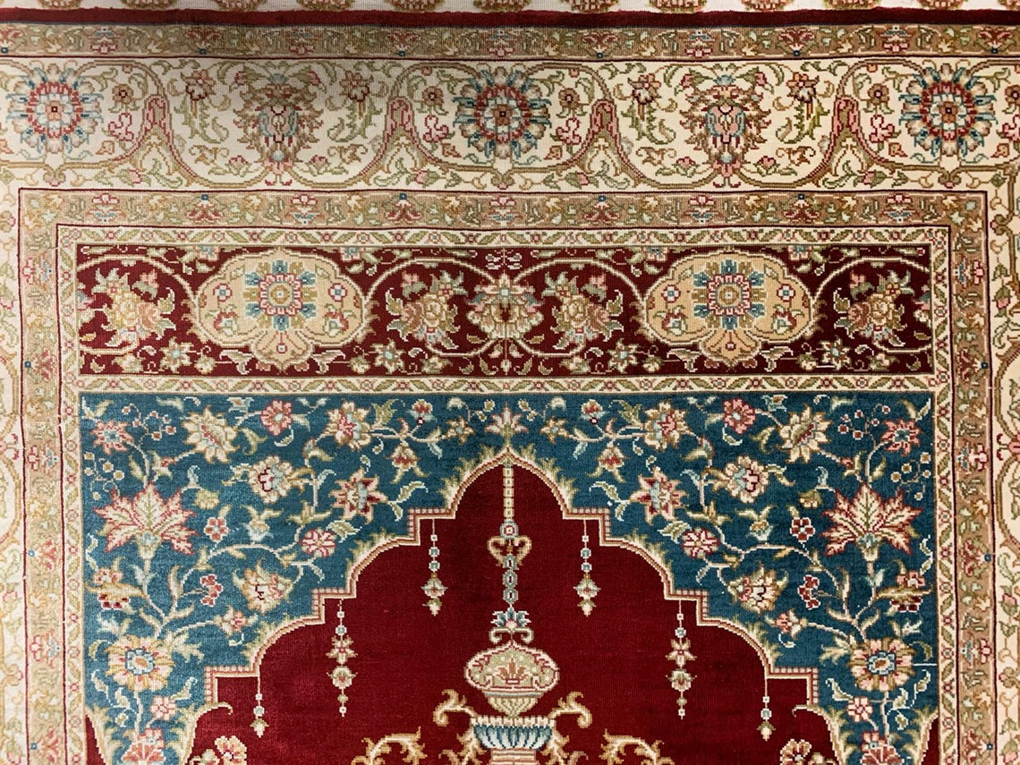 Vintage Handmade 3x4 Red and Ivory Anatolian Turkish Silk Hereke Distressed Area Rug
