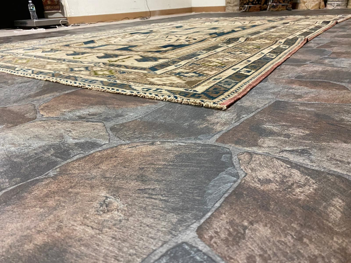 6x10 Beige and Navy Turkish Tribal Rug