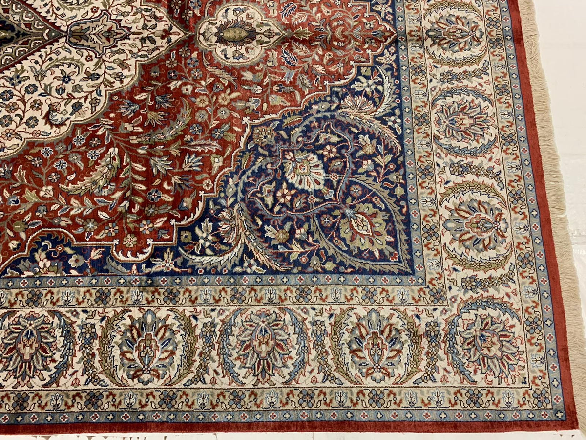 Vintage Handmade 7x10 Red and Ivory Anatolian Turkish Silk Hereke Distressed Area Rug