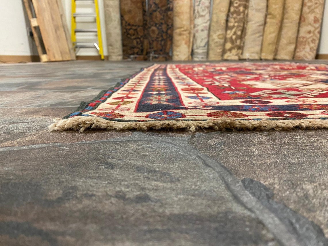 4x7 Red and Navy Turkish Patchwork Rug