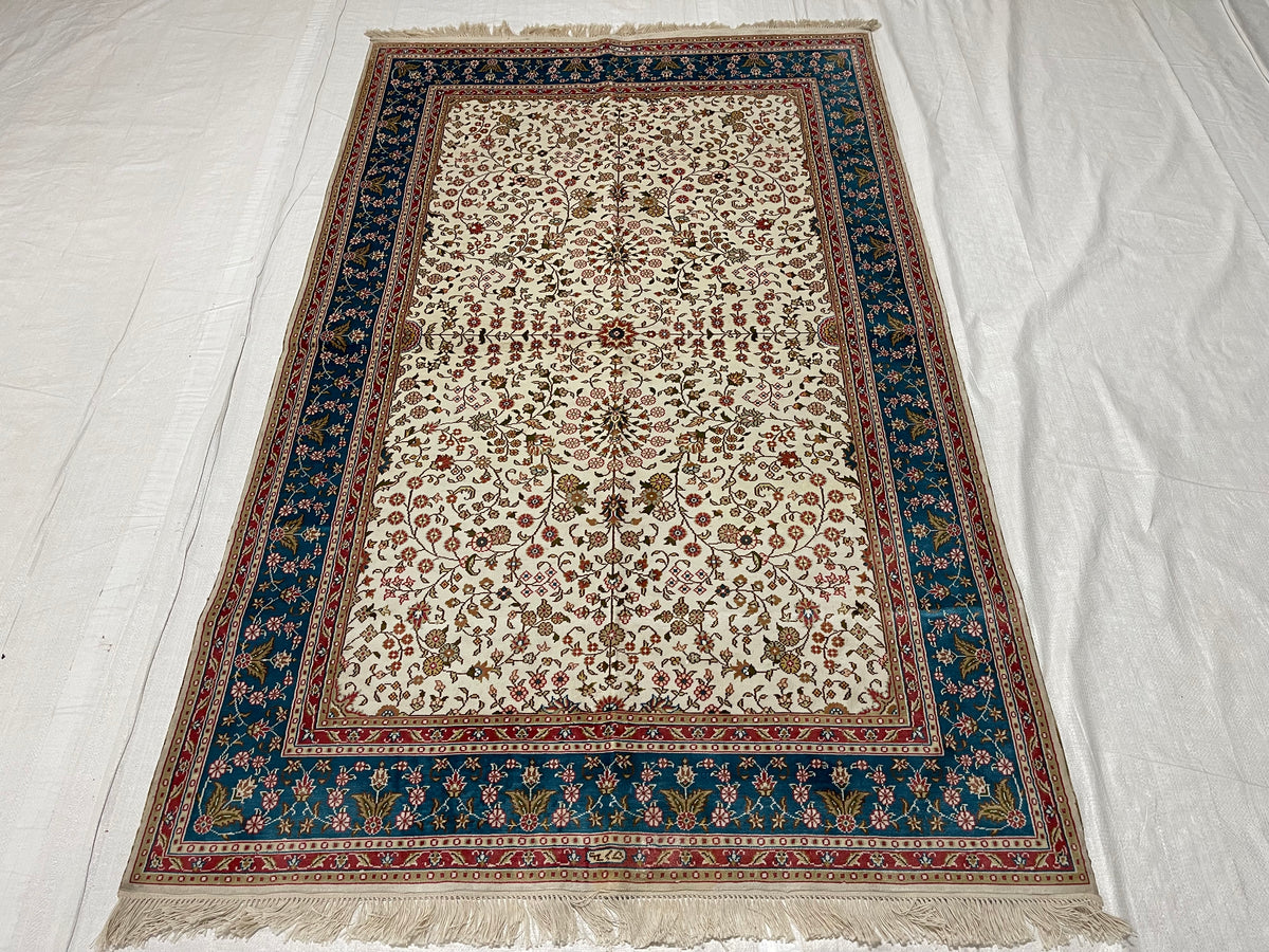 4x6 Ivory And Blue Turkish Silk Rug