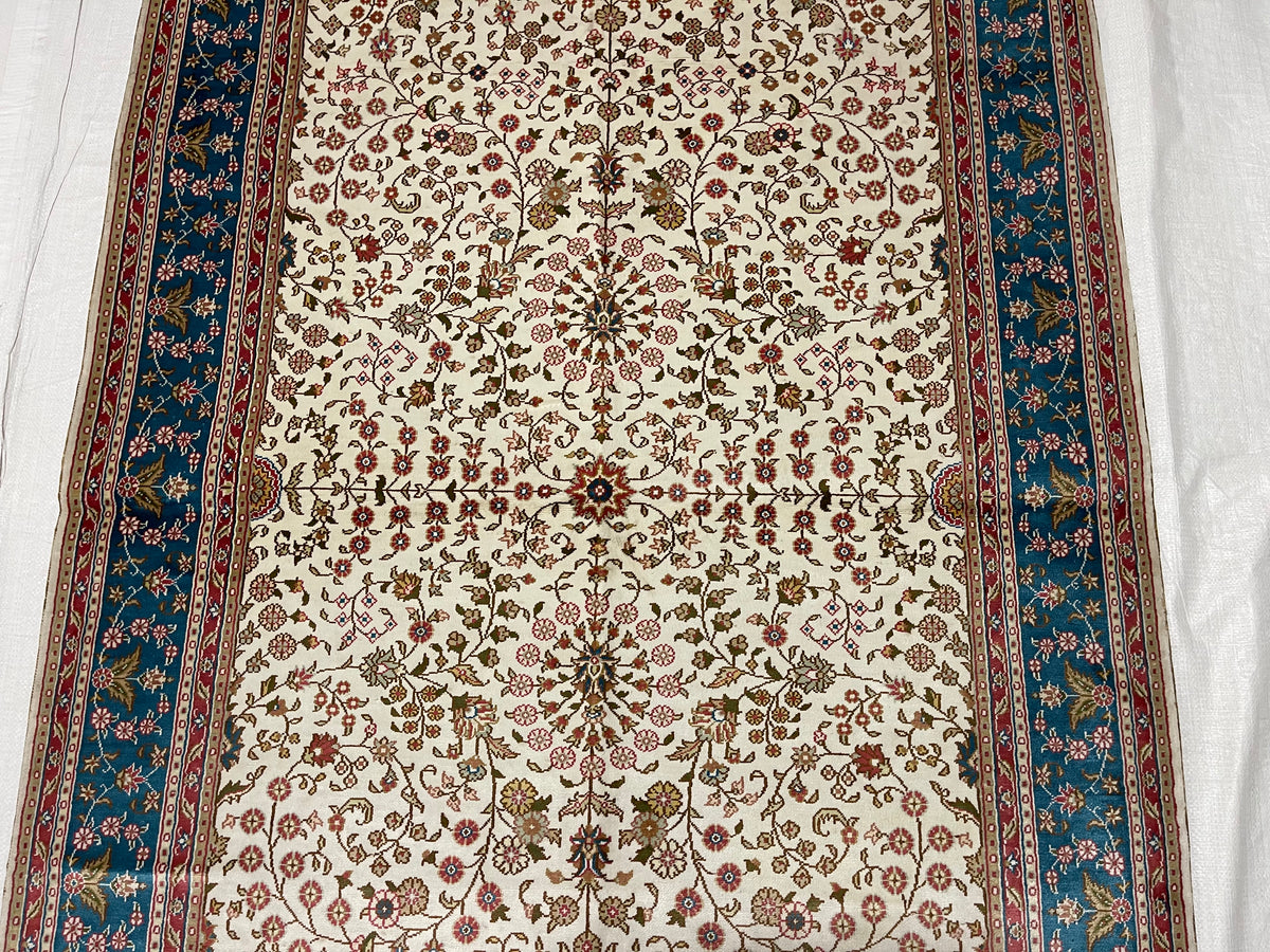 4x6 Ivory And Blue Turkish Silk Rug