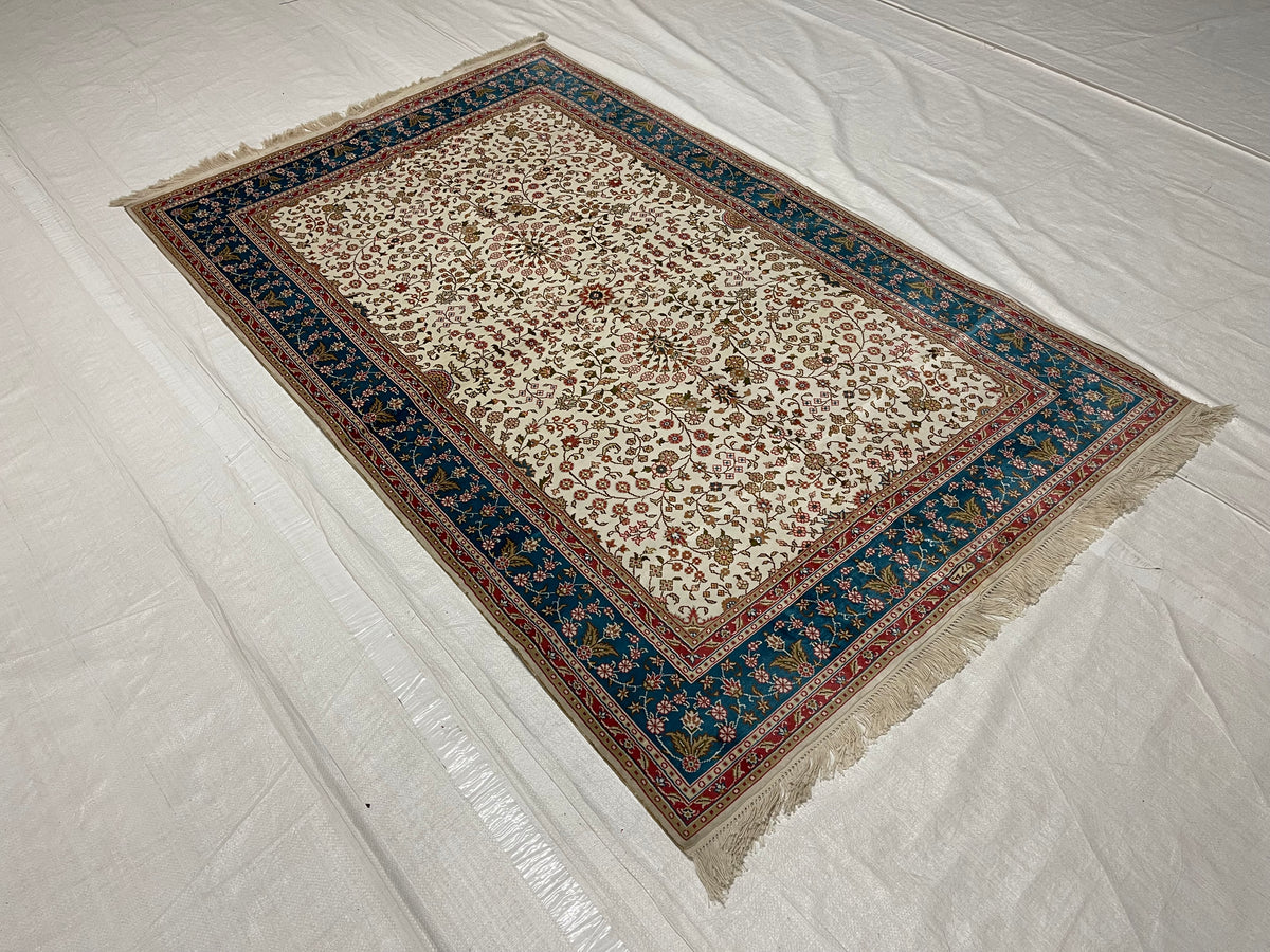4x6 Ivory And Blue Turkish Silk Rug