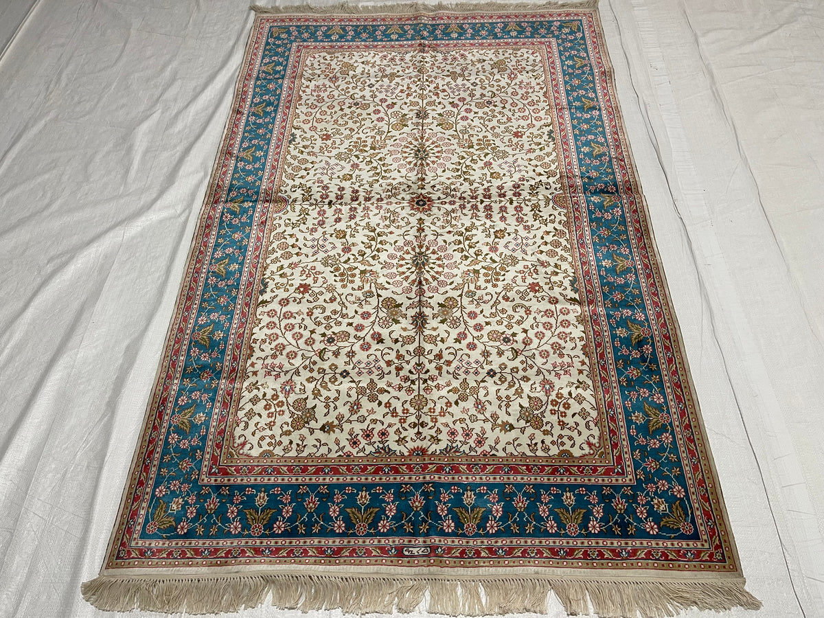 4x6 Ivory And Blue Turkish Silk Rug