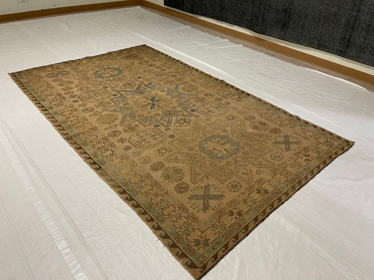 6x10 Ivory and Brown Turkish Tribal Rug