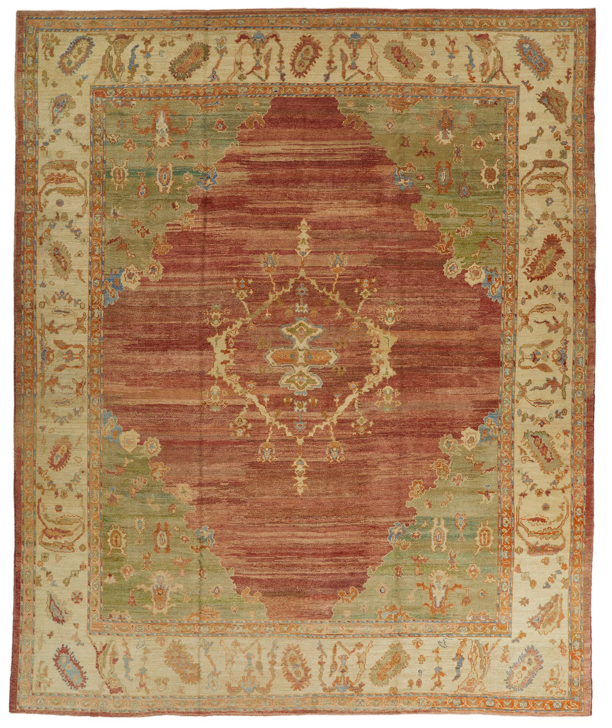 13x16 Green and Ivory Turkish Oushak Rug