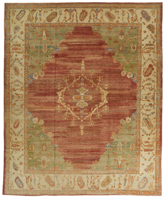 13x16 Green and Ivory Turkish Oushak Rug