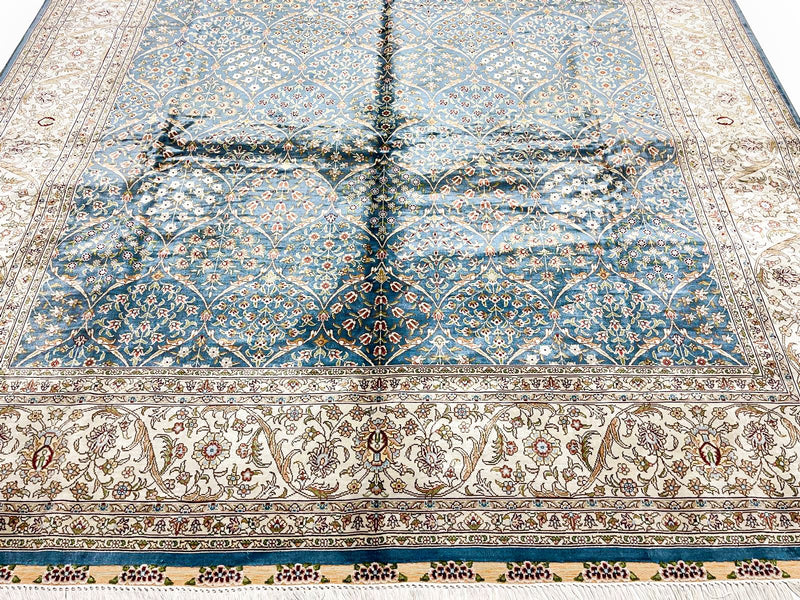 6x9 Blue and White Turkish Silk Rug