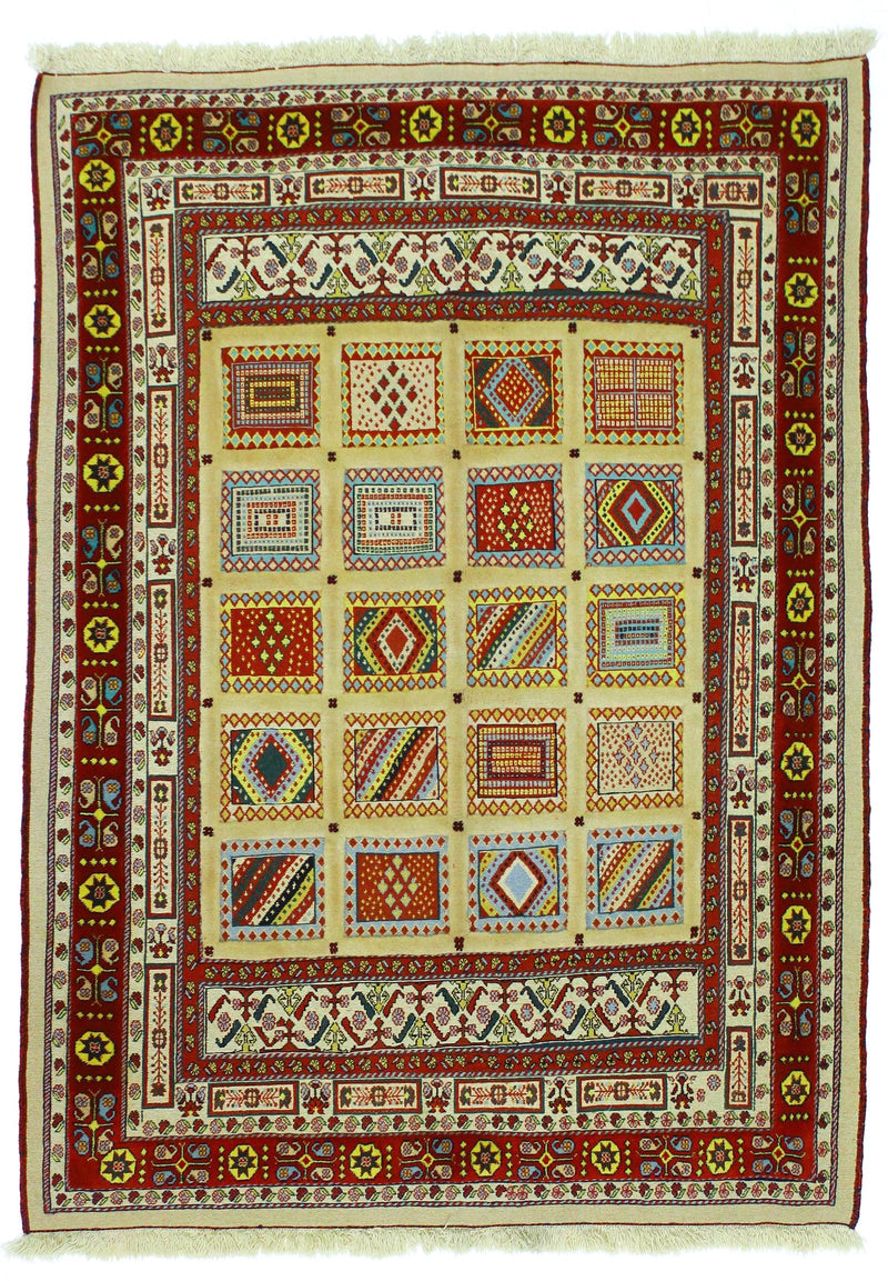 5x7 Ivory and Red Turkish Tribal Rug