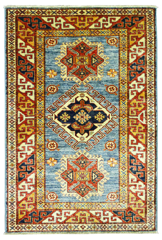 3x5 Blue and Red Kazak Tribal Rug