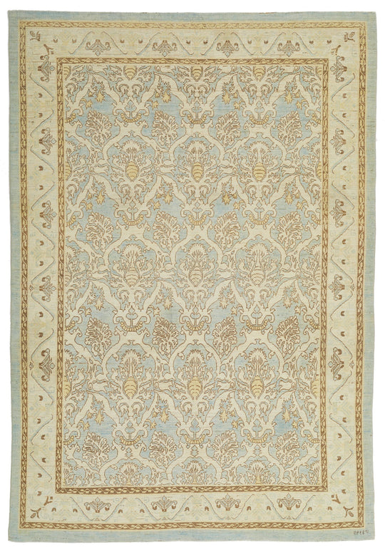 6x9 Blue and Ivory Turkish Oushak Rug