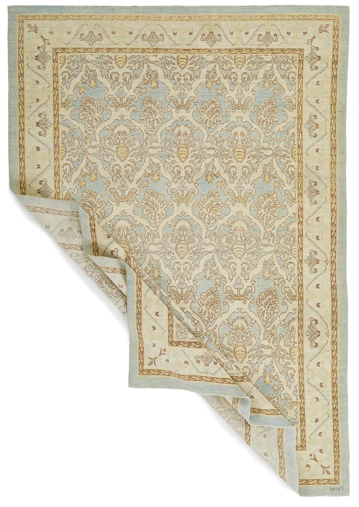 6x9 Blue and Ivory Turkish Oushak Rug