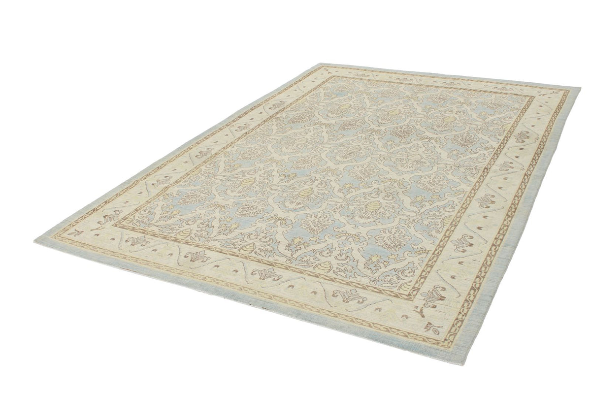 6x9 Blue and Ivory Turkish Oushak Rug