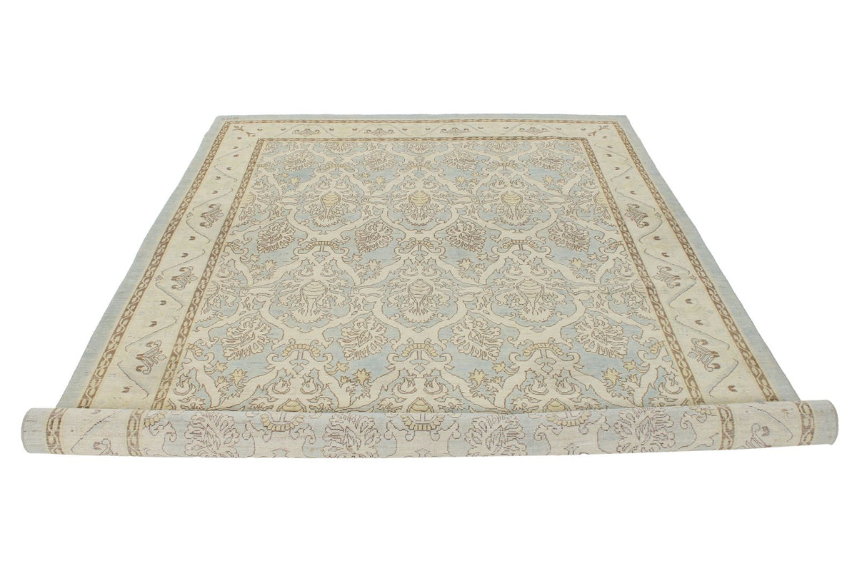 6x9 Blue and Ivory Turkish Oushak Rug