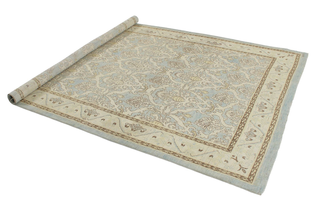 6x9 Blue and Ivory Turkish Oushak Rug