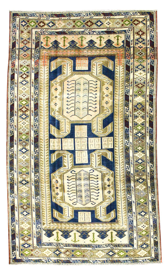 6x10 Beige and Navy Turkish Tribal Rug