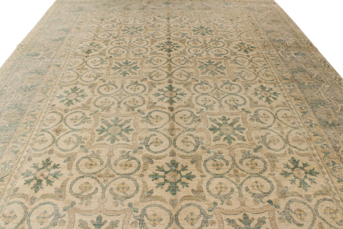 10x14 Ivory and Green Turkish Traditional Rug