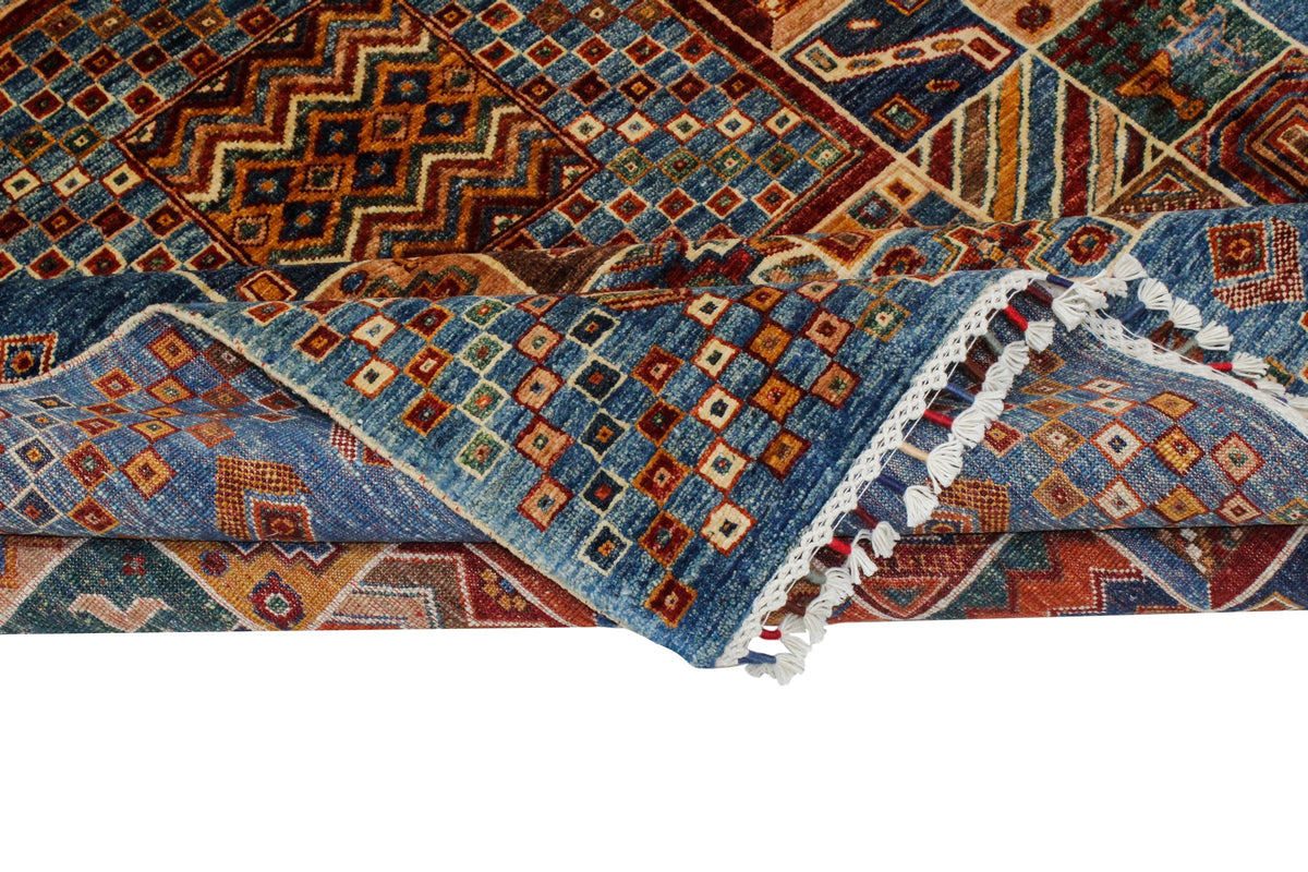 6x8 Beige and Blue Turkish Tribal Rug