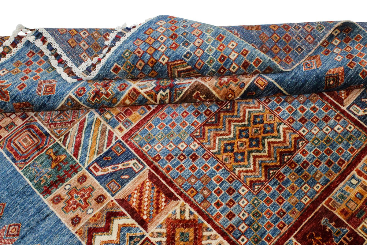 6x8 Beige and Blue Turkish Tribal Rug