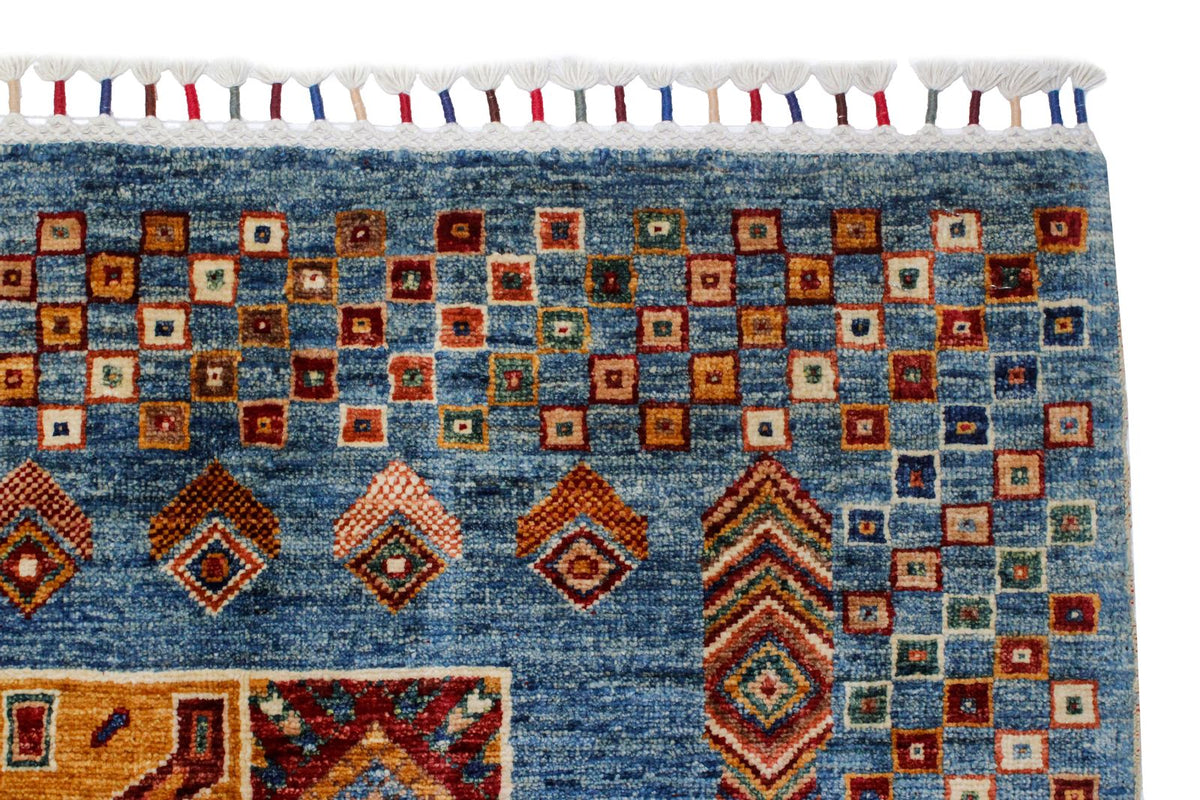 6x8 Beige and Blue Turkish Tribal Rug